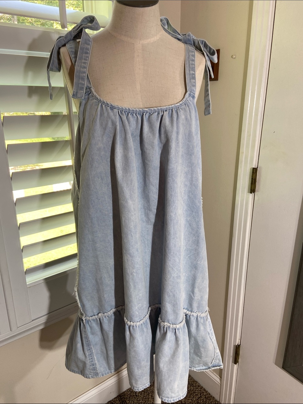 Cottagecore Light Denim Babydoll Mini Dress Size S Frayed Ruffle Hem Western - Picture 1 of 10